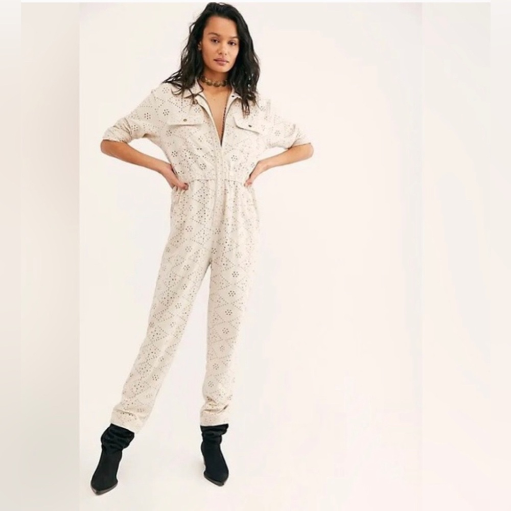 Free People Set The Tone Eyelet Jumpsuit in Ivory